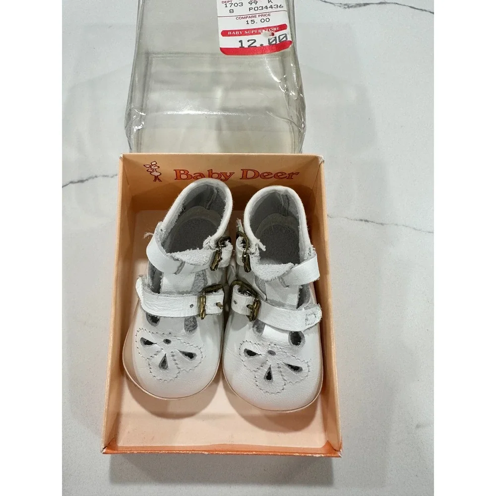 Baby Deer White Leather Mary Jane Shoes Buckle Cutout Floral‎ Size 0